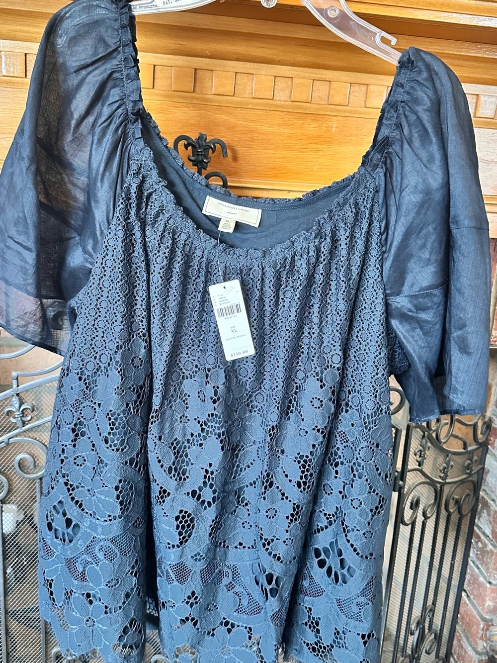 Anthro - Moulinette Soeurs Brand NWT Black Puff Sleeve Lace Popover Top XL